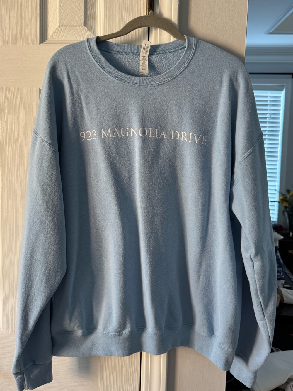 Jerzees Light Blue Crewneck Sweatshirt with "923 MAGNOLIA DRIVE" Text